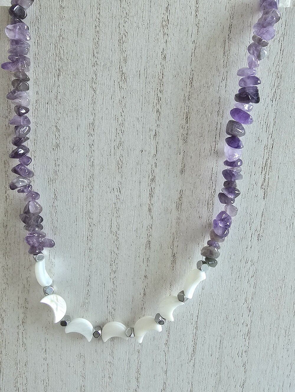 Purple Amethyst & White Crescent Shell Necklace
